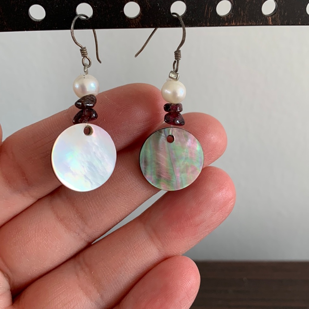 Mother of Pearl, pearl and semi precious stones earrings, sterling silver 925